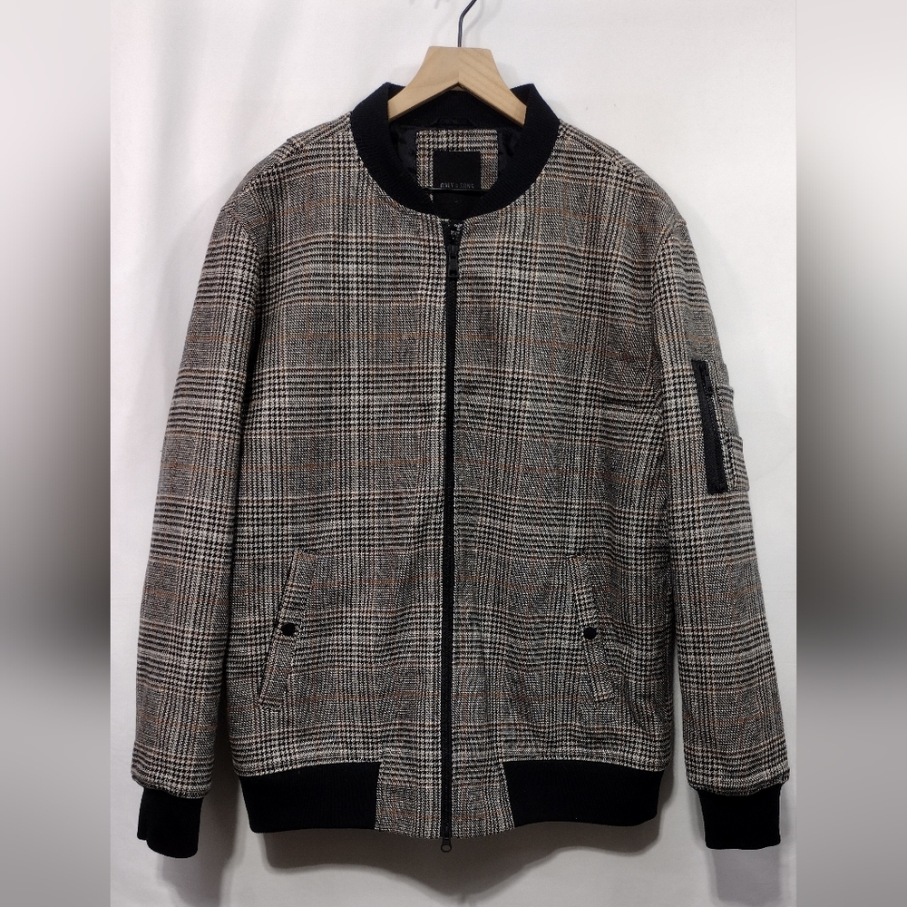 NWOT Only & Sons Plaid Zipper Jacket Mens XXL Black Brown Retro 90s Y2K Casual